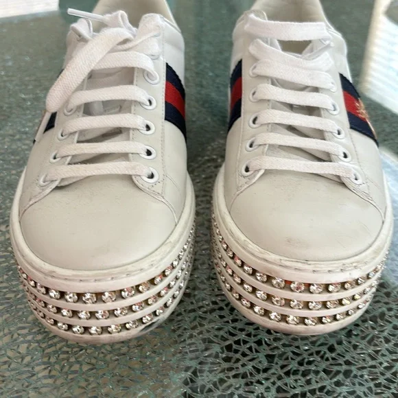 GUCCI Leather and Bee Detail with Ace Crystal Embellished Platform Sneakers - Picture 7 of 14